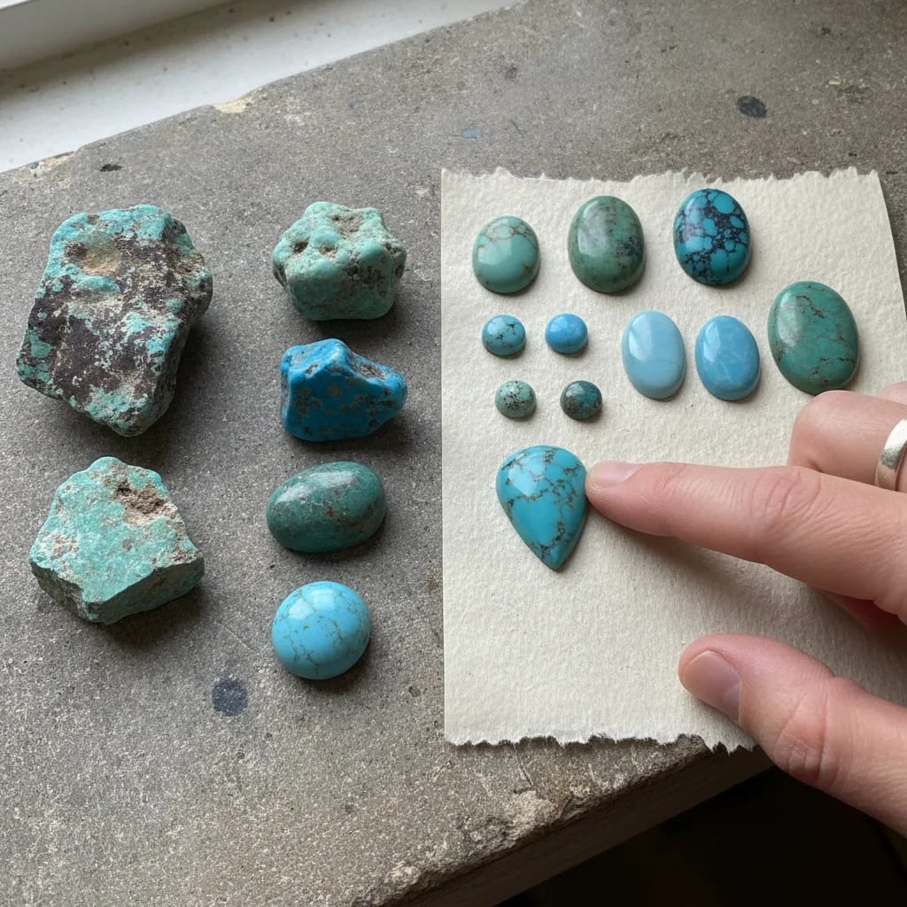Turquoise from rough nuggets to cabochons, matrix and clean