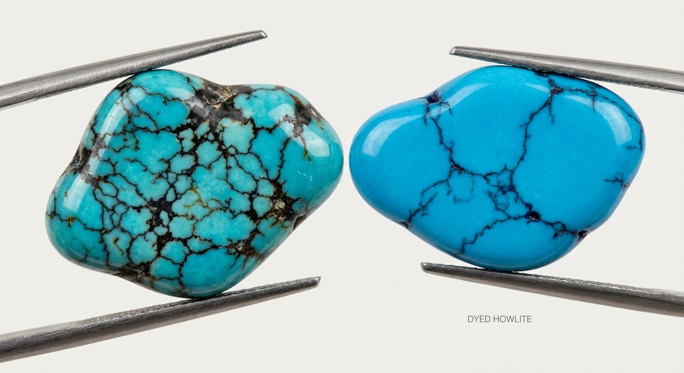 A visual guide on how to tell if turquoise is real, comparing a genuine stone with natural matrix against a piece of dyed howlite with unnatural cracks.