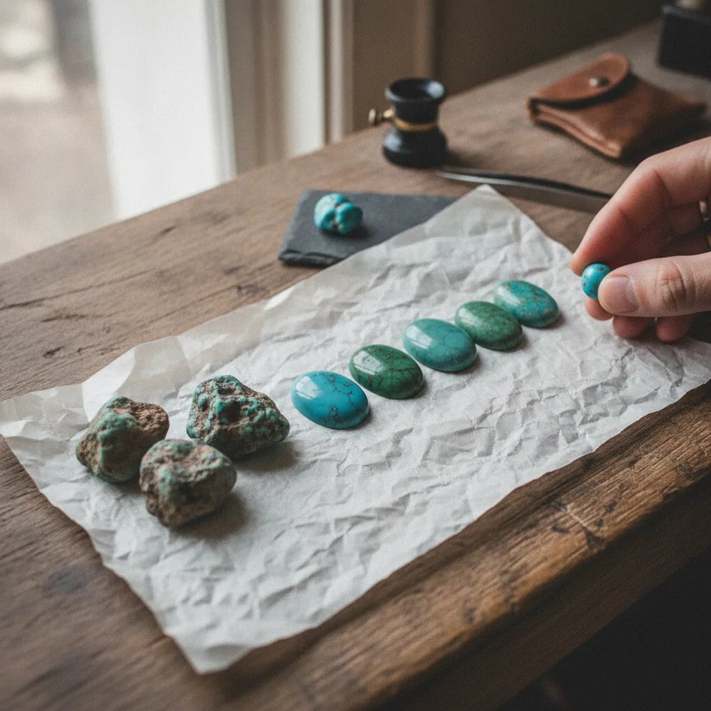 Turquoise rough and polished cabochons laid out for comparison