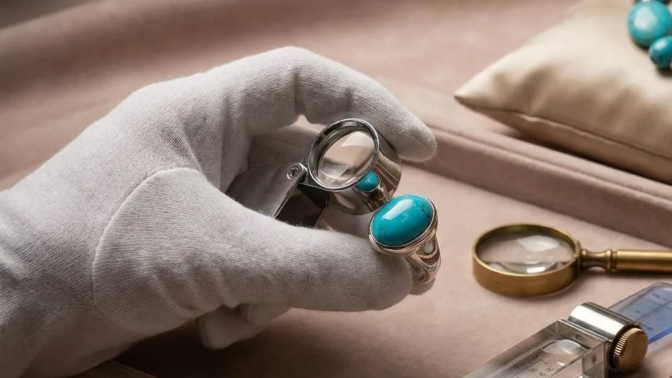 Серебряное кольцо с кабошоном бирюзы в глухой оправе, рядом лупа ювелира