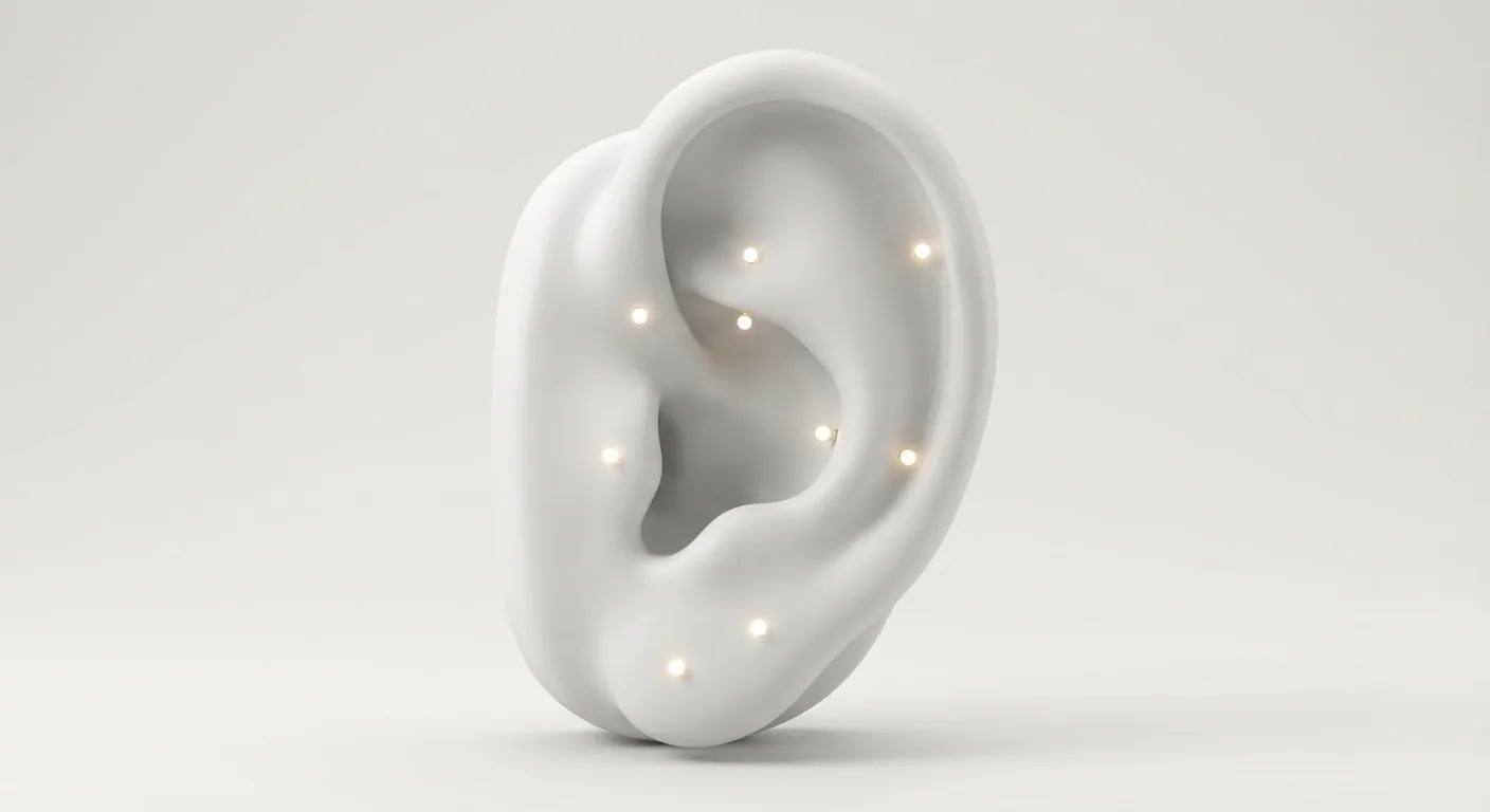 A detailed ear piercing chart showing the locations for lobe, helix, tragus, conch, and rook piercings on a clean, minimalist ear model.