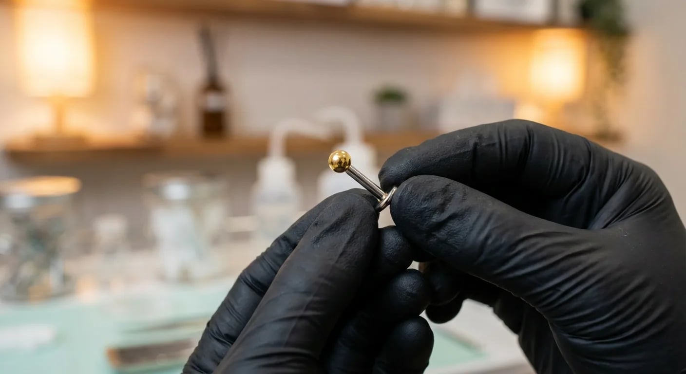 A close-up of a professional piercer's gloved hands holding a sterile, implant-grade titanium stud, representing the importance of quality and care in the piercing process.