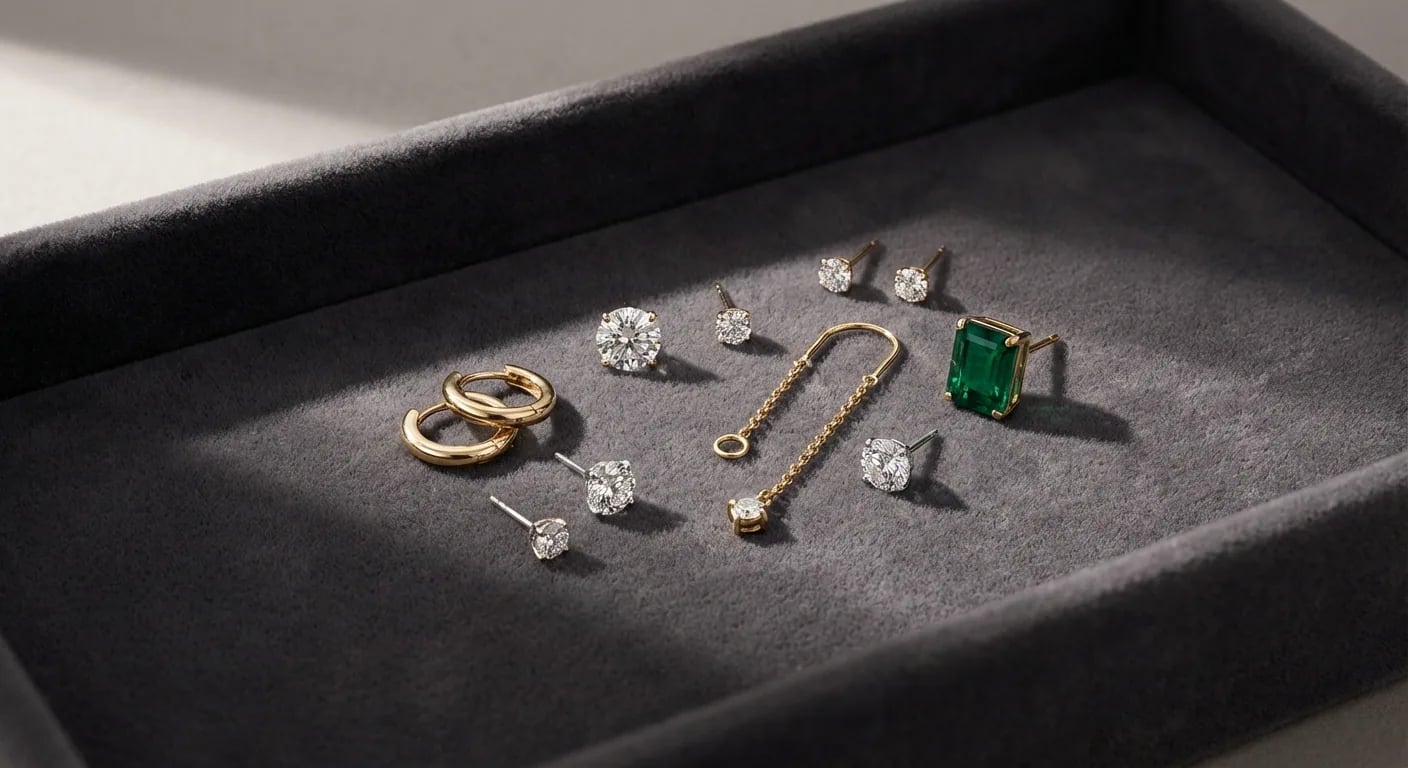 A collection of luxury earrings, including gold hoops, diamond studs, and gemstone pieces, arranged on a velvet tray, illustrating the art of curating your ear piercing style.
