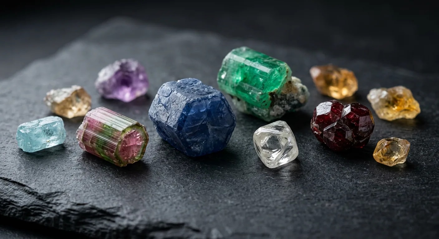 Raw uncut gemstones in natural crystal form, freshly sourced from Sri Lanka mines