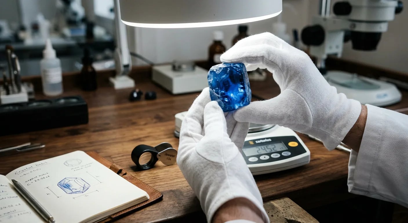 uncut gemstone - Gemologist assessing rough stone quality under loupe
