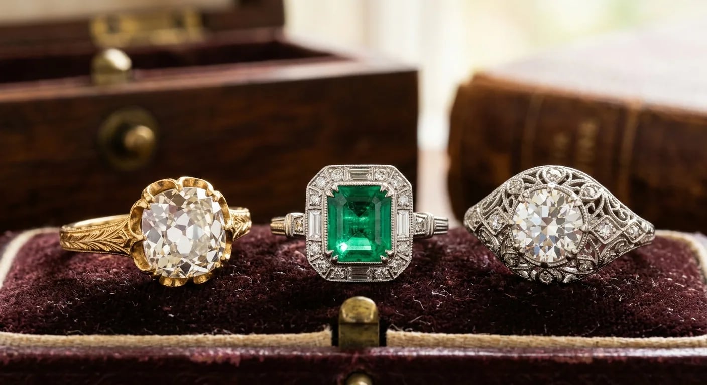 A curated collection of vintage engagement rings spanning Art Deco, Victorian, and Edwardian eras on aged velvet.