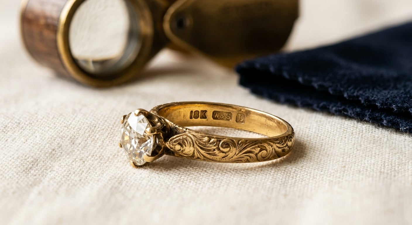 Close-up of hallmarks and hand-engraved details on a genuine vintage gold engagement ring.