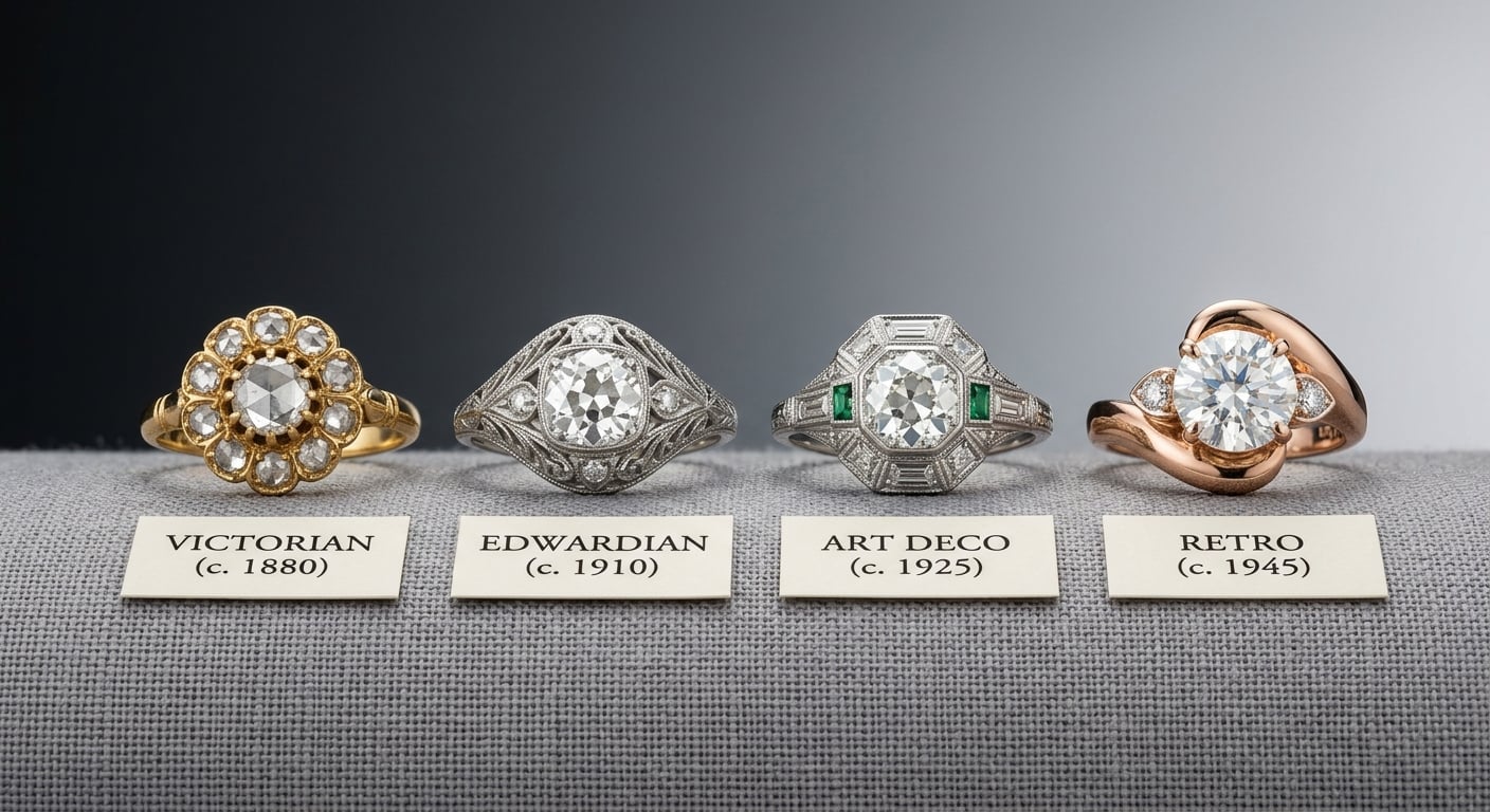 Four engagement rings representing Victorian, Edwardian, Art Deco, and Retro eras side by side.