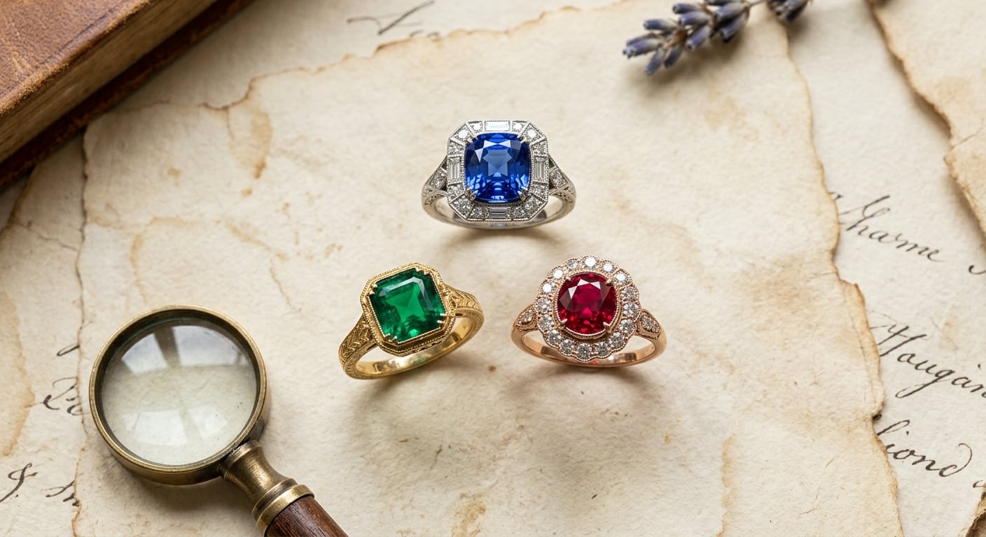 Vintage engagement rings featuring sapphire, emerald, and ruby center stones in period-correct settings.