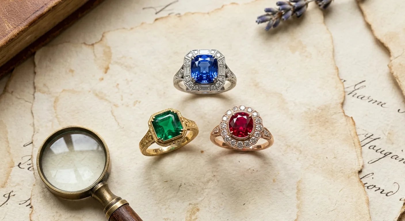 Vintage engagement rings featuring sapphire, emerald, and ruby center stones in period-correct settings.