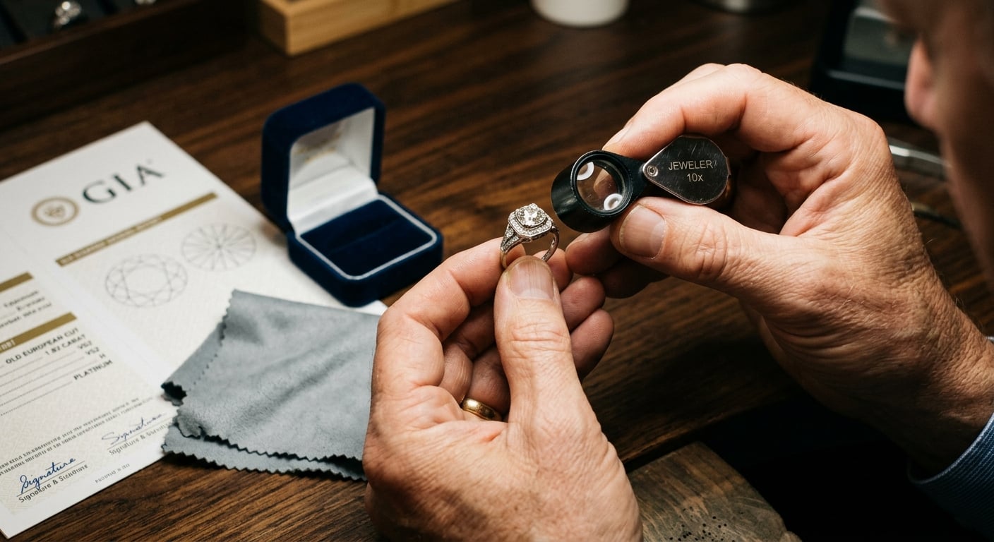 A jeweler examining a vintage engagement ring under a loupe with certification papers nearby.