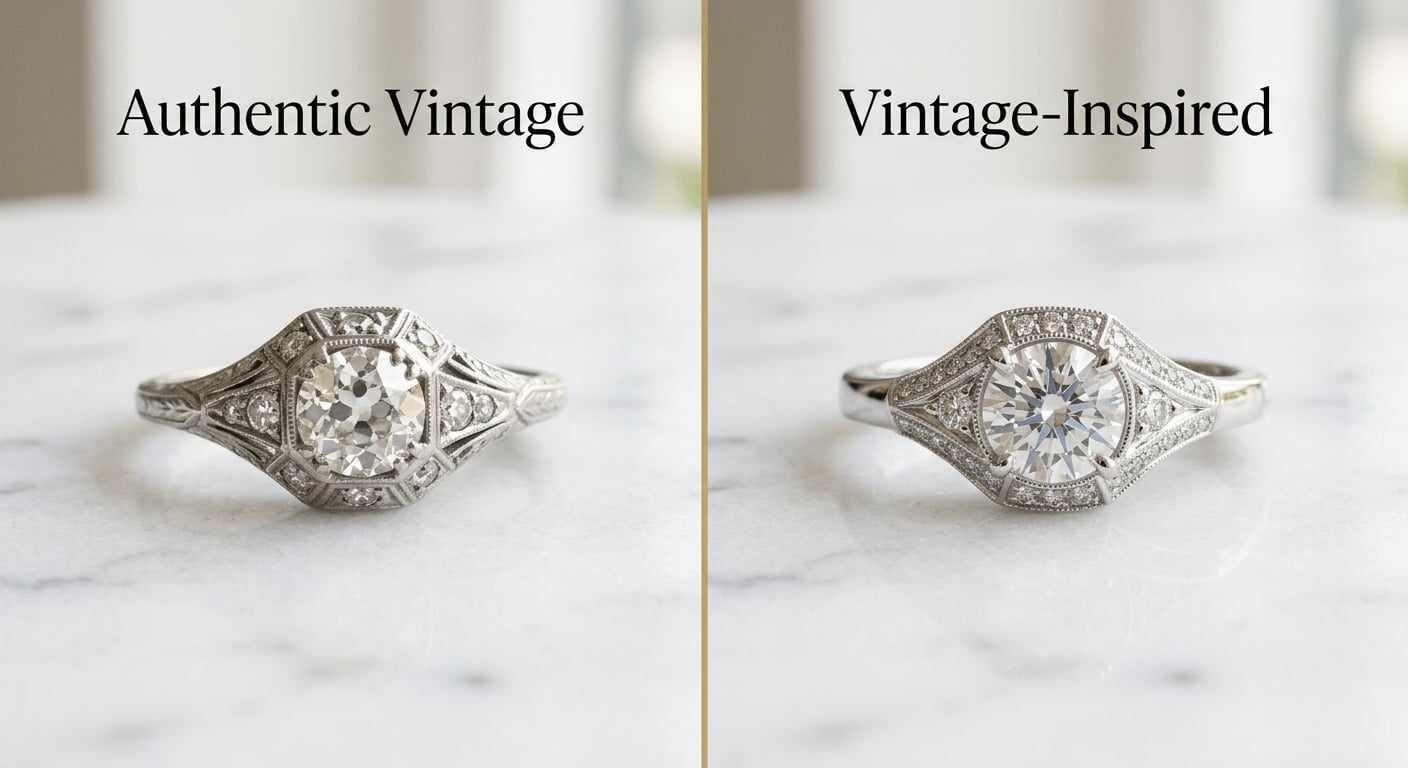 Side-by-side comparison of an authentic vintage ring and a modern vintage-inspired reproduction.