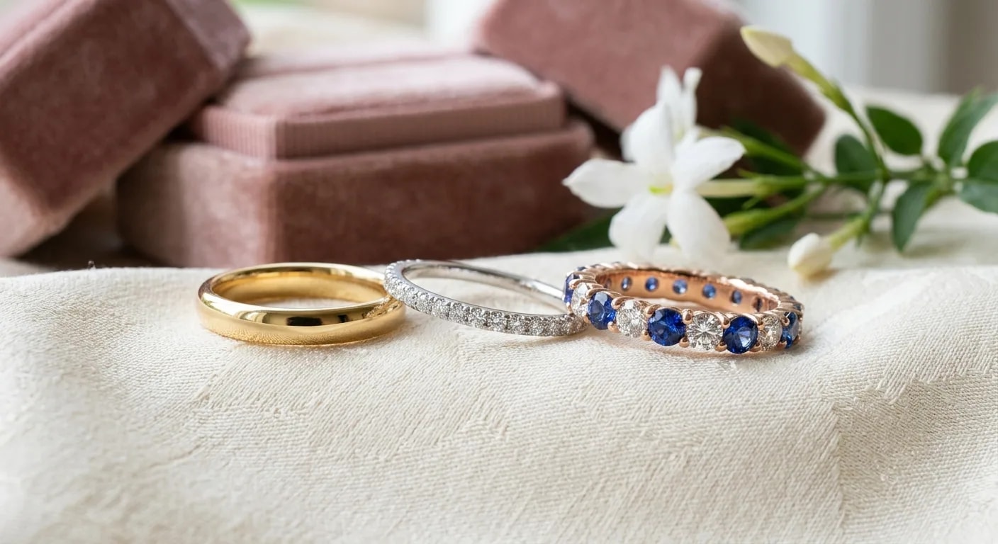 A curated collection of luxury wedding bands for women featuring sapphires and diamonds in gold and platinum settings.