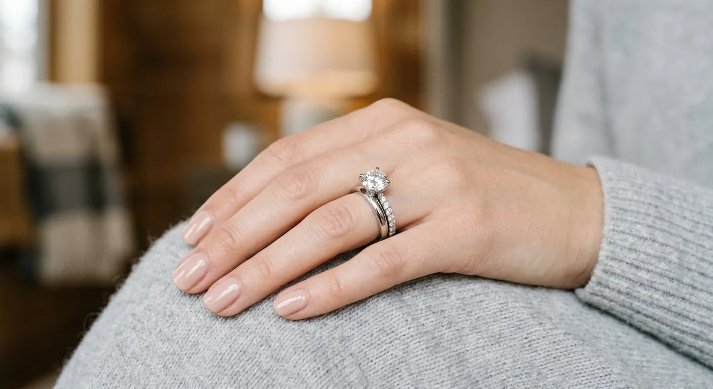 A close-up view of a woman's hand wearing a diamond engagement ring stacked with a matching wedding band.