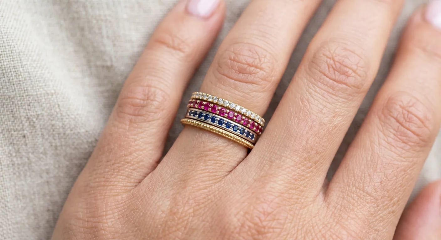 A stack of four thin women's wedding bands featuring diamonds, sapphires, and rubies in mixed metals.