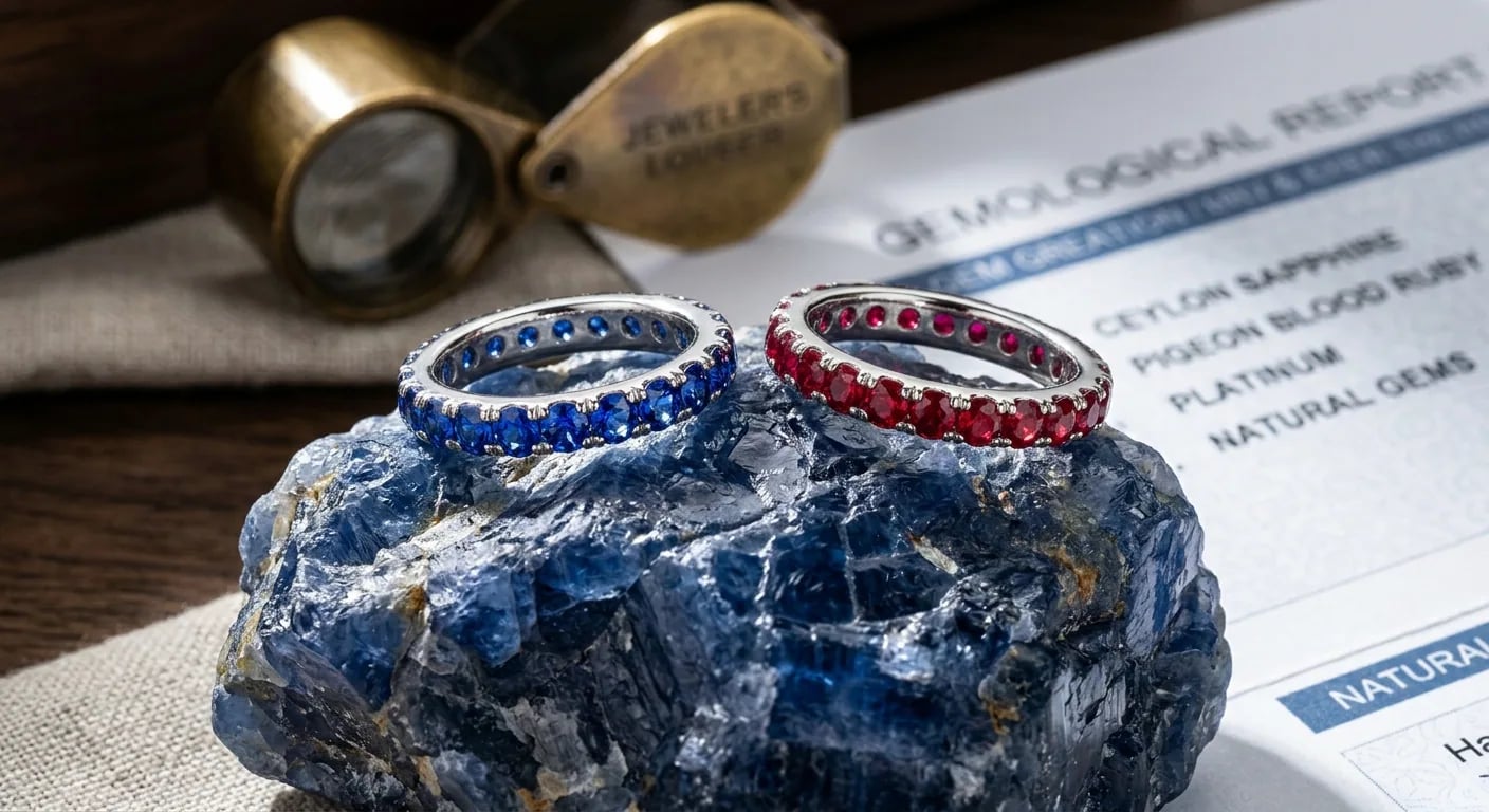 Two full eternity wedding bands for women, one set with blue sapphires and one with red rubies, in platinum.