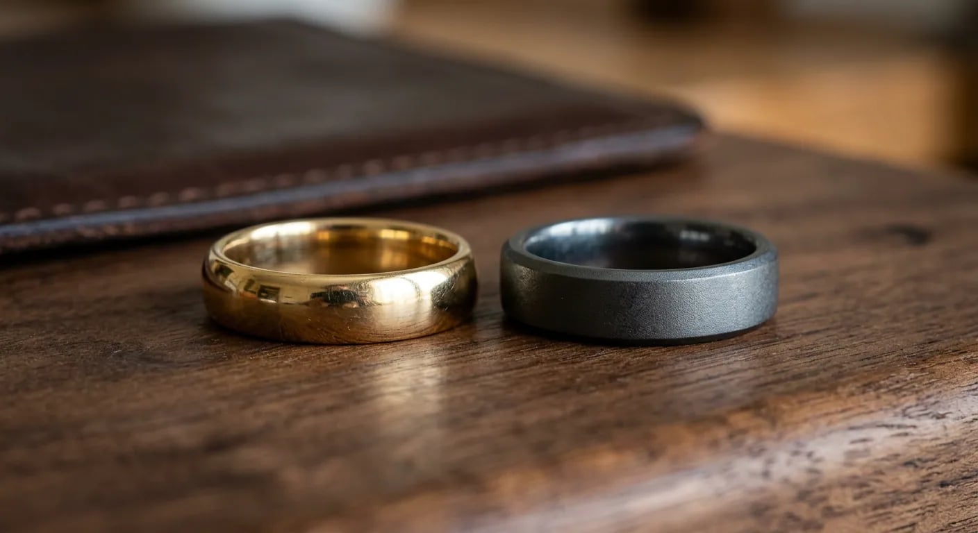 Close-up comparison of a classic gold wedding band and a modern tantalum ring for men.