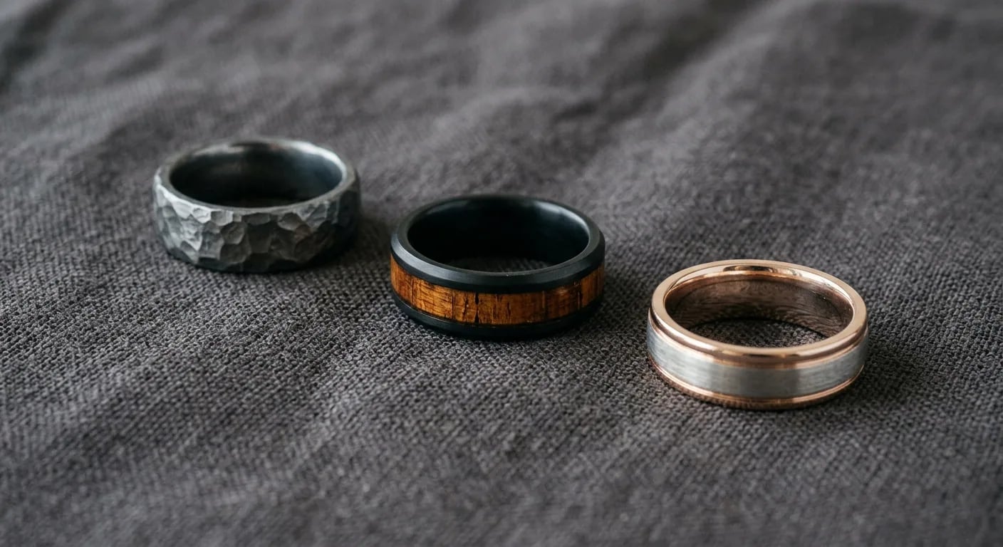 A selection of unique men's wedding rings featuring hammered finishes and wood inlays.