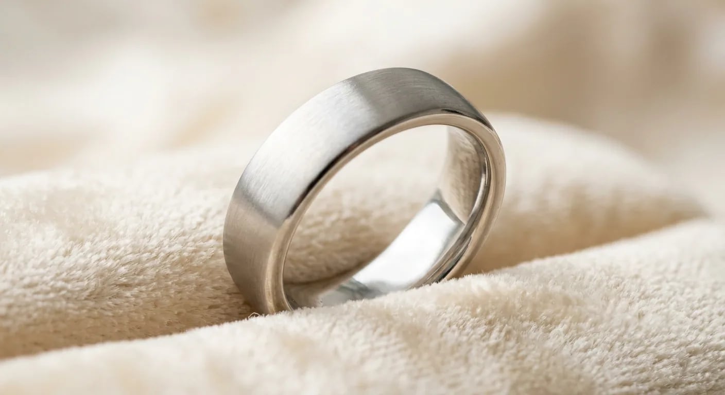 A close-up view showing the rounded interior of a comfort fit men's wedding band.