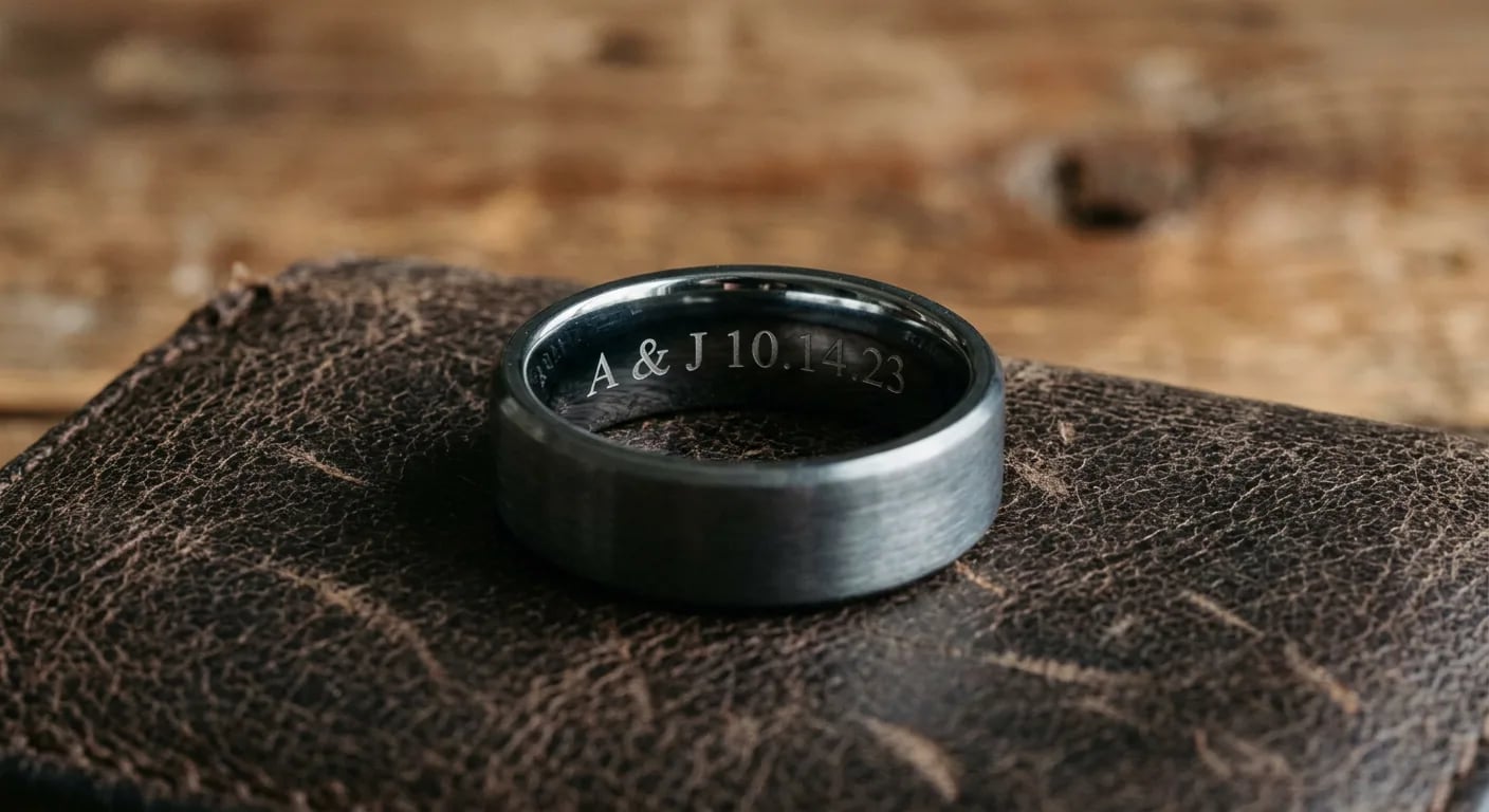 A personalized men's wedding ring with a custom laser engraving on the interior.