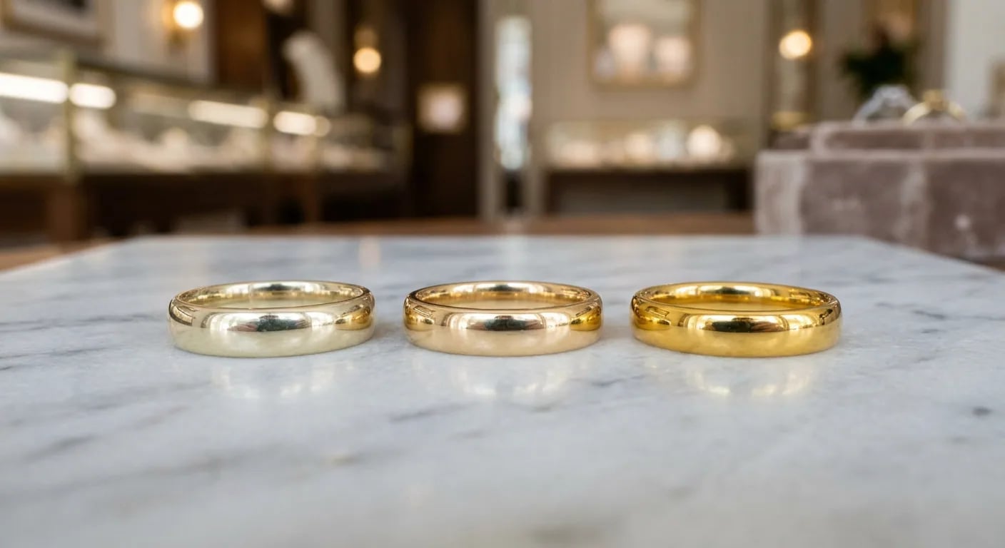 Three male gold wedding rings side-by-side, illustrating the subtle color differences between 10k, 14k, and 18k yellow gold.