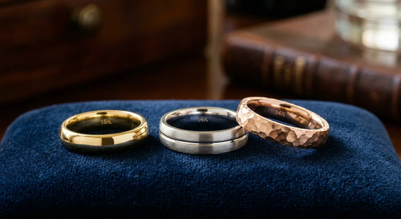 Three male gold wedding rings in yellow, white, and rose gold, showcasing the different color options available.