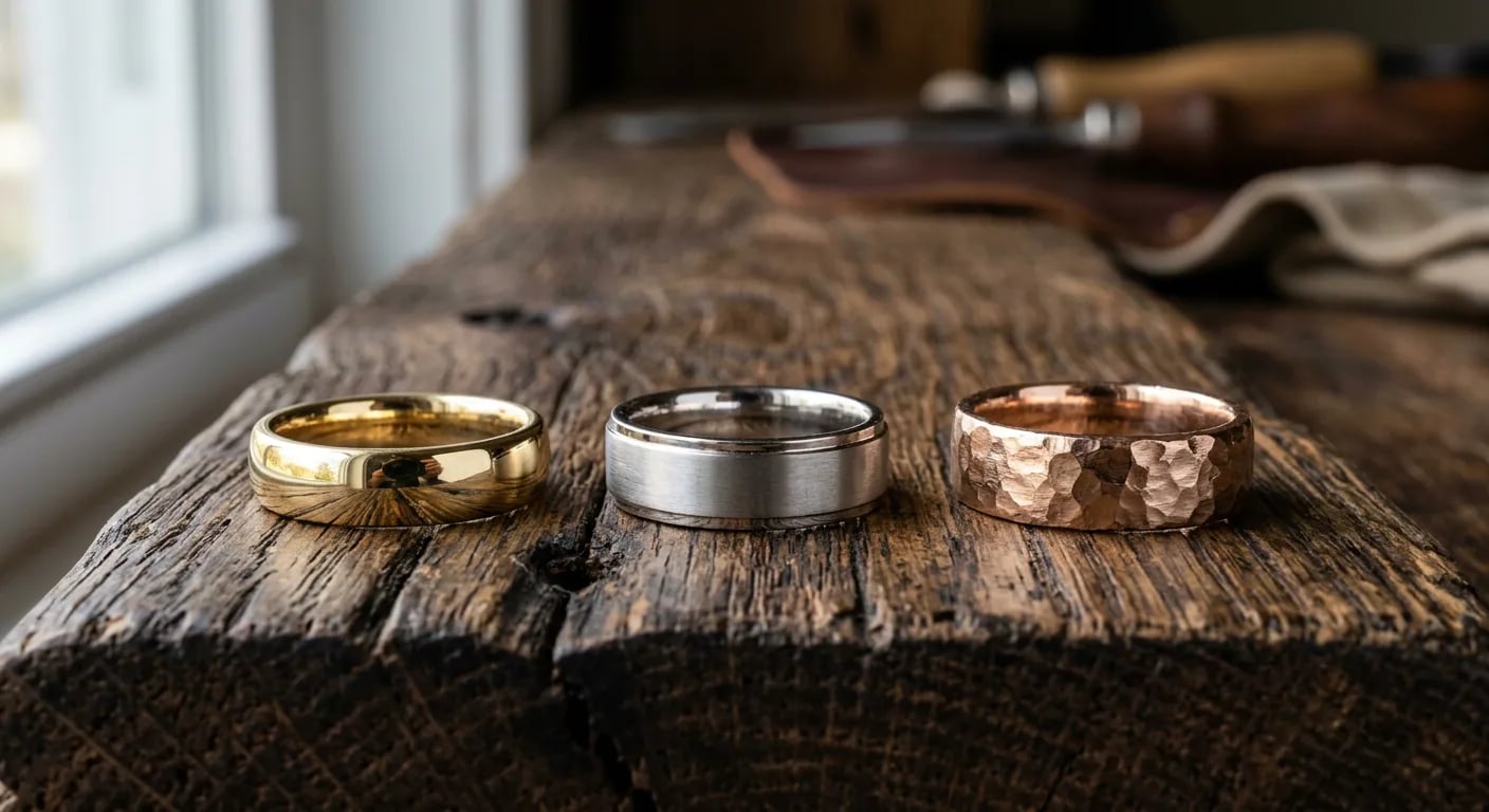 Three male gold wedding rings demonstrating different styles and finishes: high polish, brushed, and hammered.