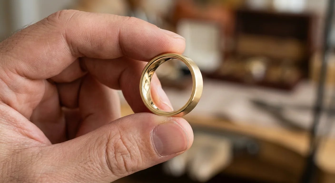 A close-up cross-section view of a male gold wedding ring, highlighting the rounded interior of the comfort fit design.
