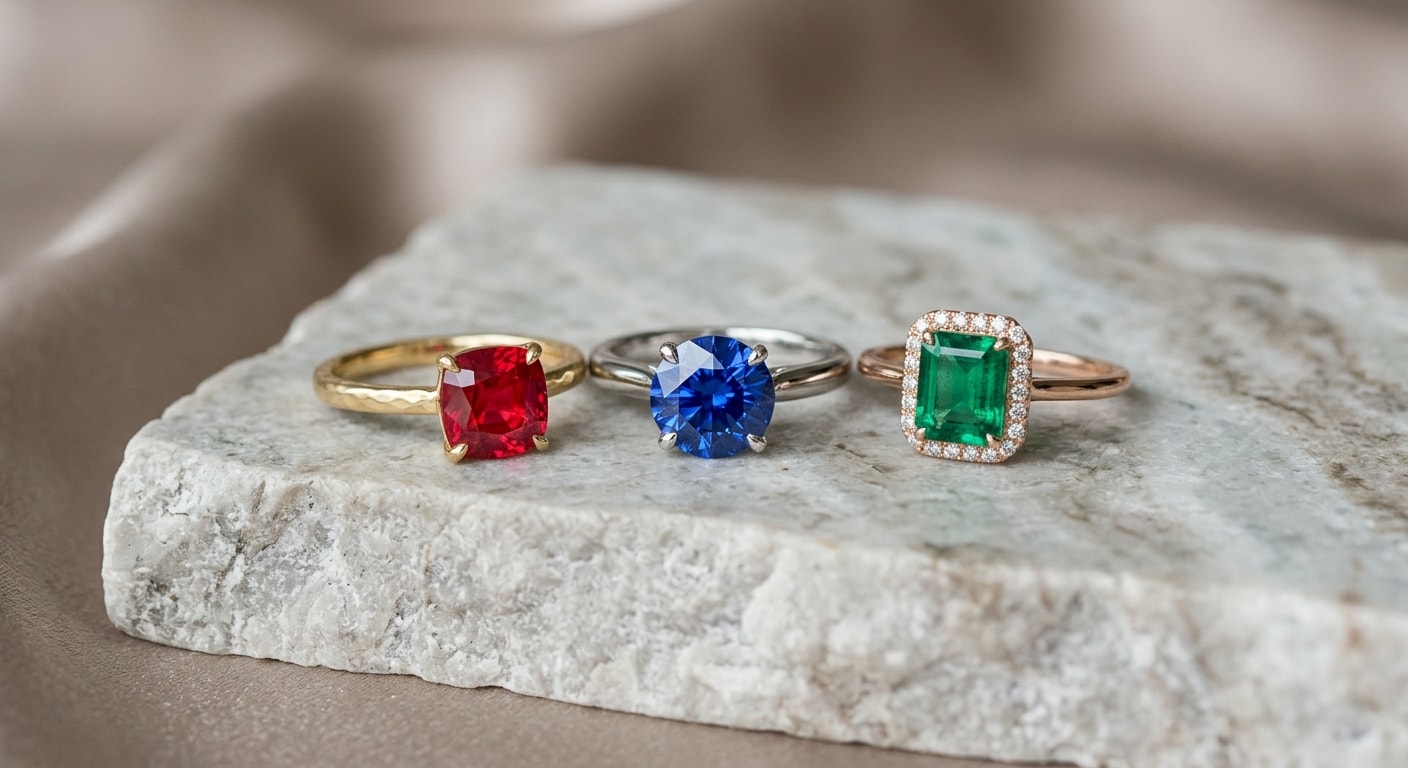 A collection of three unique gemstone wedding rings featuring sapphire, ruby, and emerald set in precious metals.