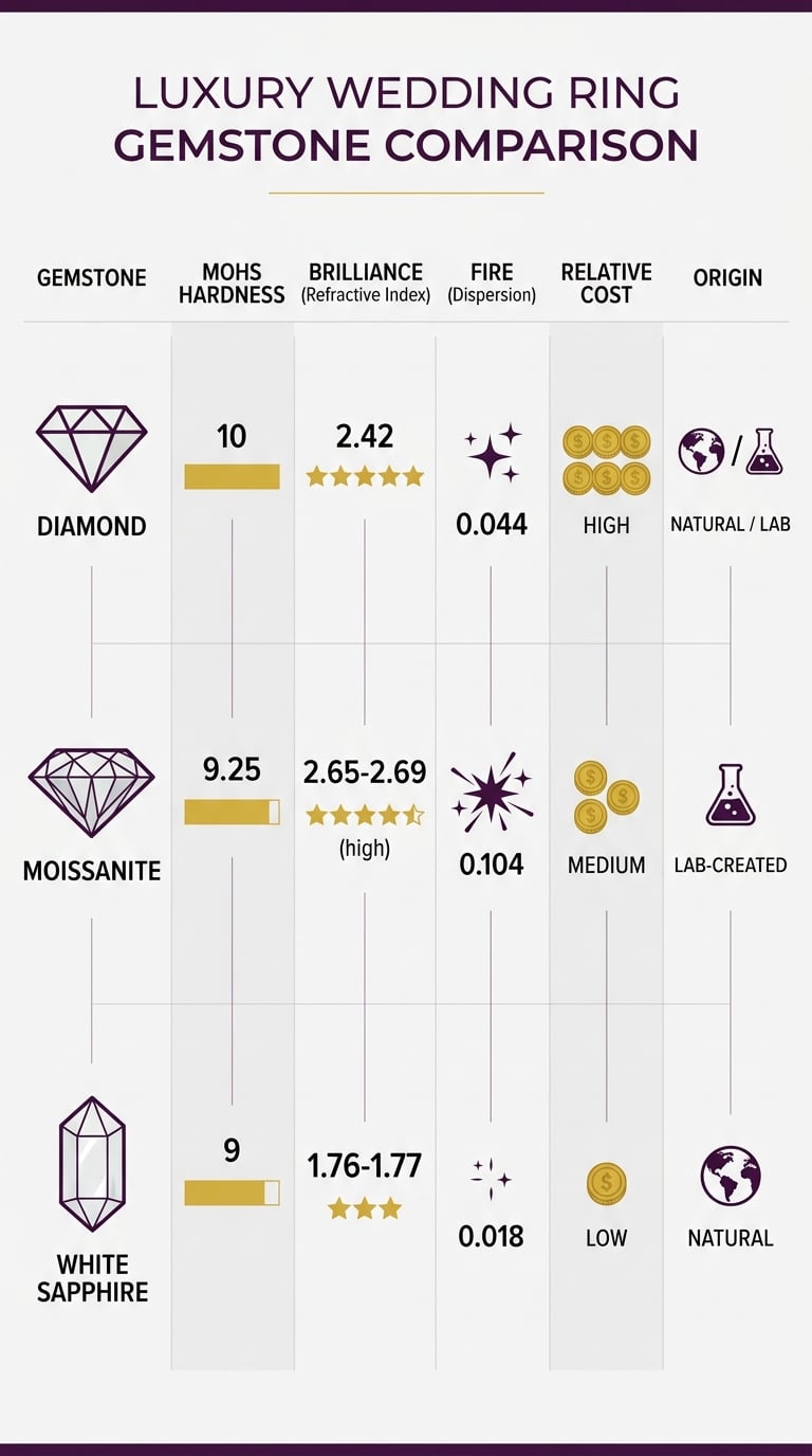 wedding rings gemstones - Section 4: Technical Comparison: Moissanite vs. White Sapphire vs. Diamond infographic