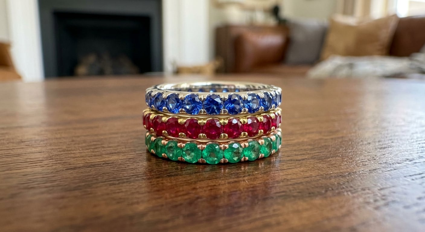 Three classic gemstone wedding bands showcasing blue sapphire, red ruby, and green emerald.