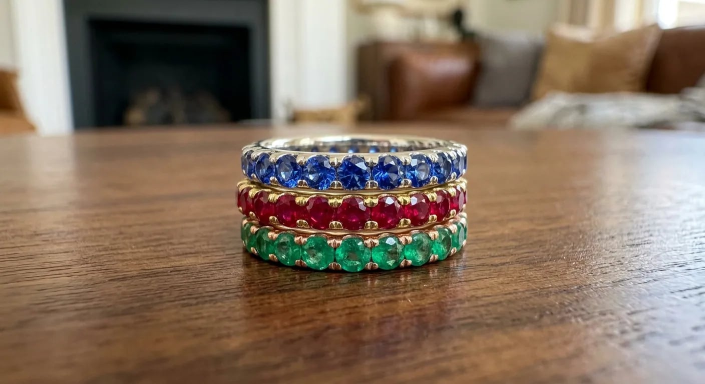 Three coloured gemstone bands set with blue sapphire, red ruby and green emerald
