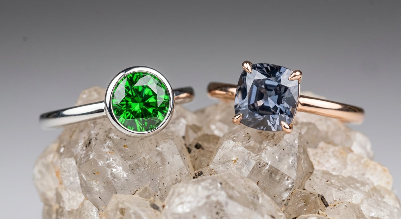 Two unique gemstone rings featuring a vibrant green Tsavorite garnet and a rare grey spinel.