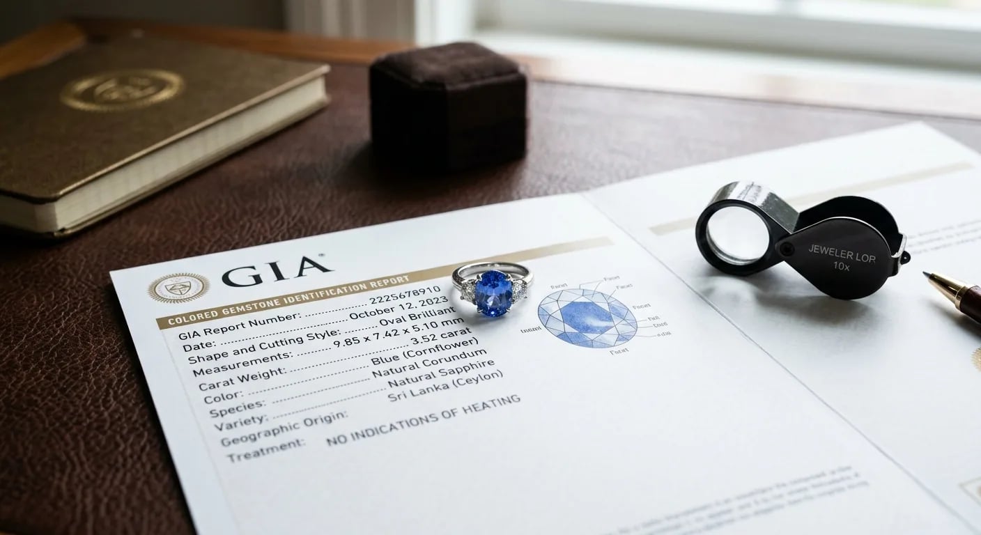 A GIA coloured stone report photographed beside a natural blue sapphire ring