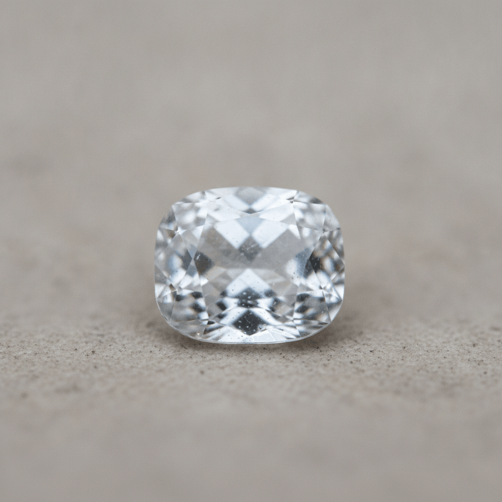 A colorless white sapphire, cushion cut, resting on a neutral stone surface
