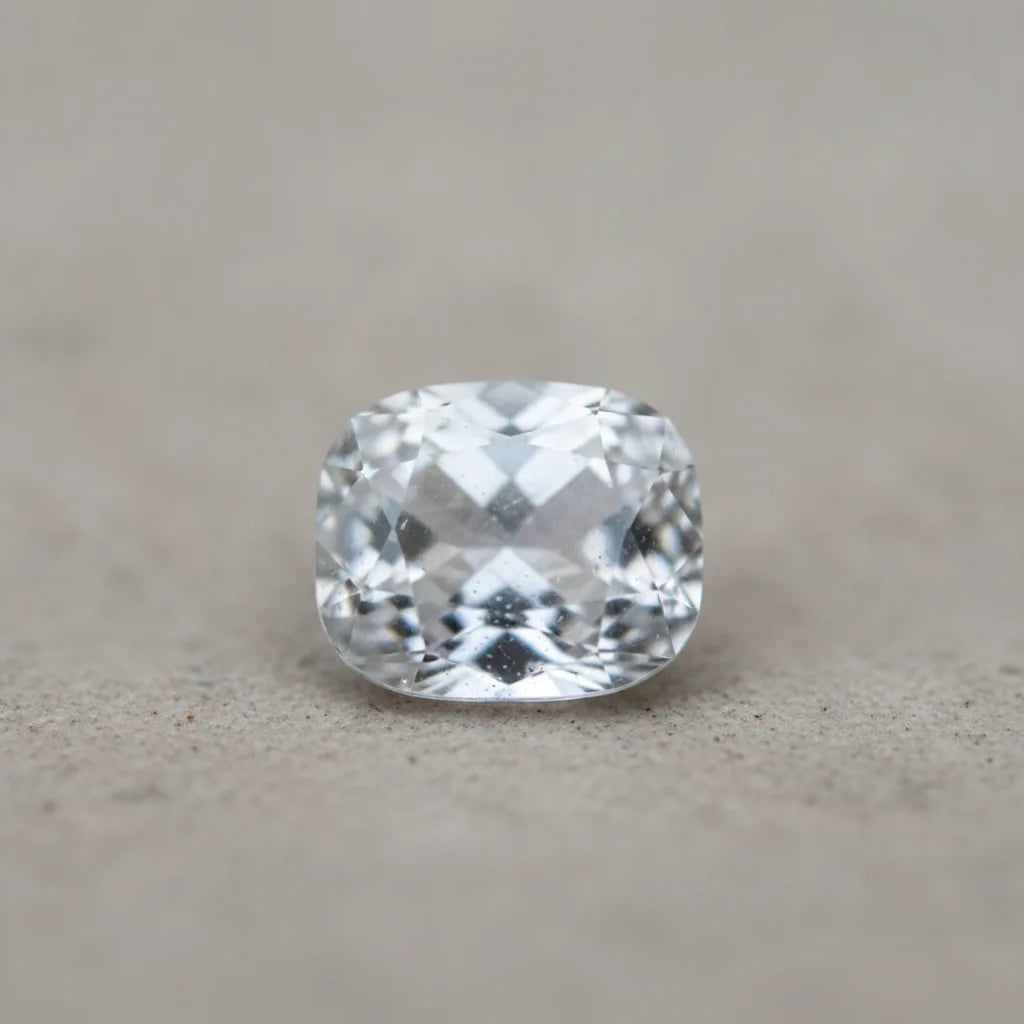 A colorless white sapphire, cushion cut, resting on a neutral stone surface