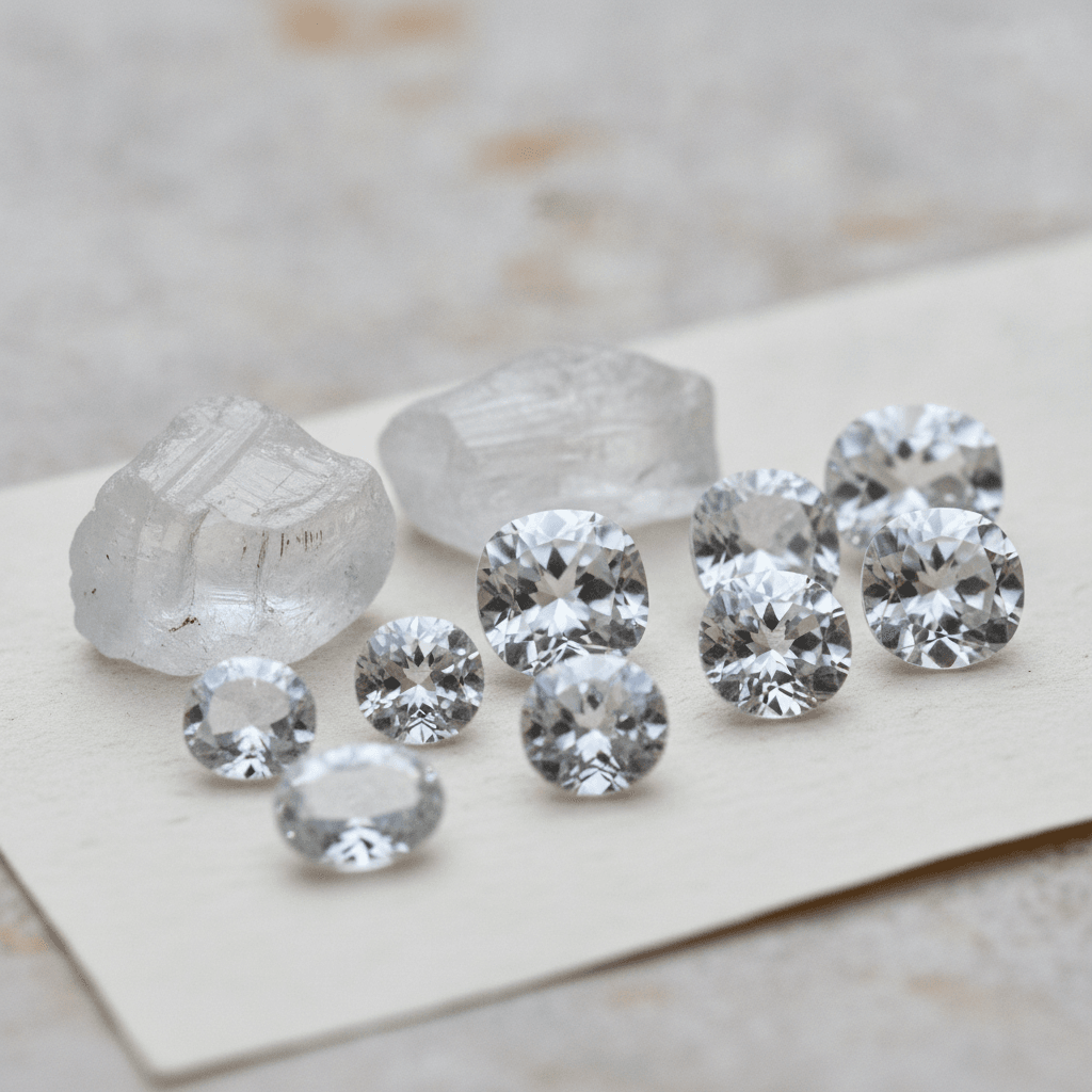 A single colorless white sapphire showing its icy transparency and facet pattern