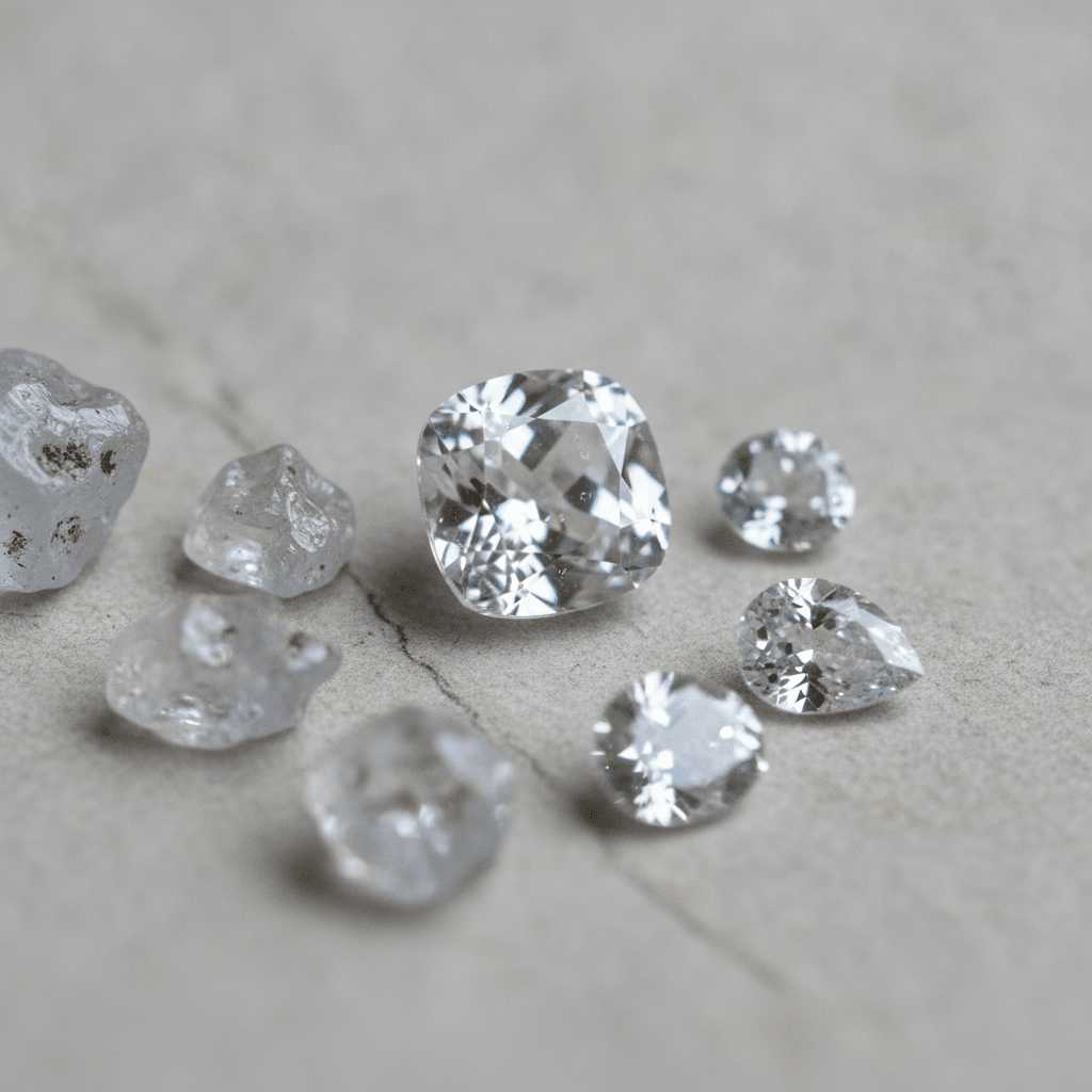 Rough and cut white sapphires side by side, showing the range of sizes and shapes a buyer chooses from