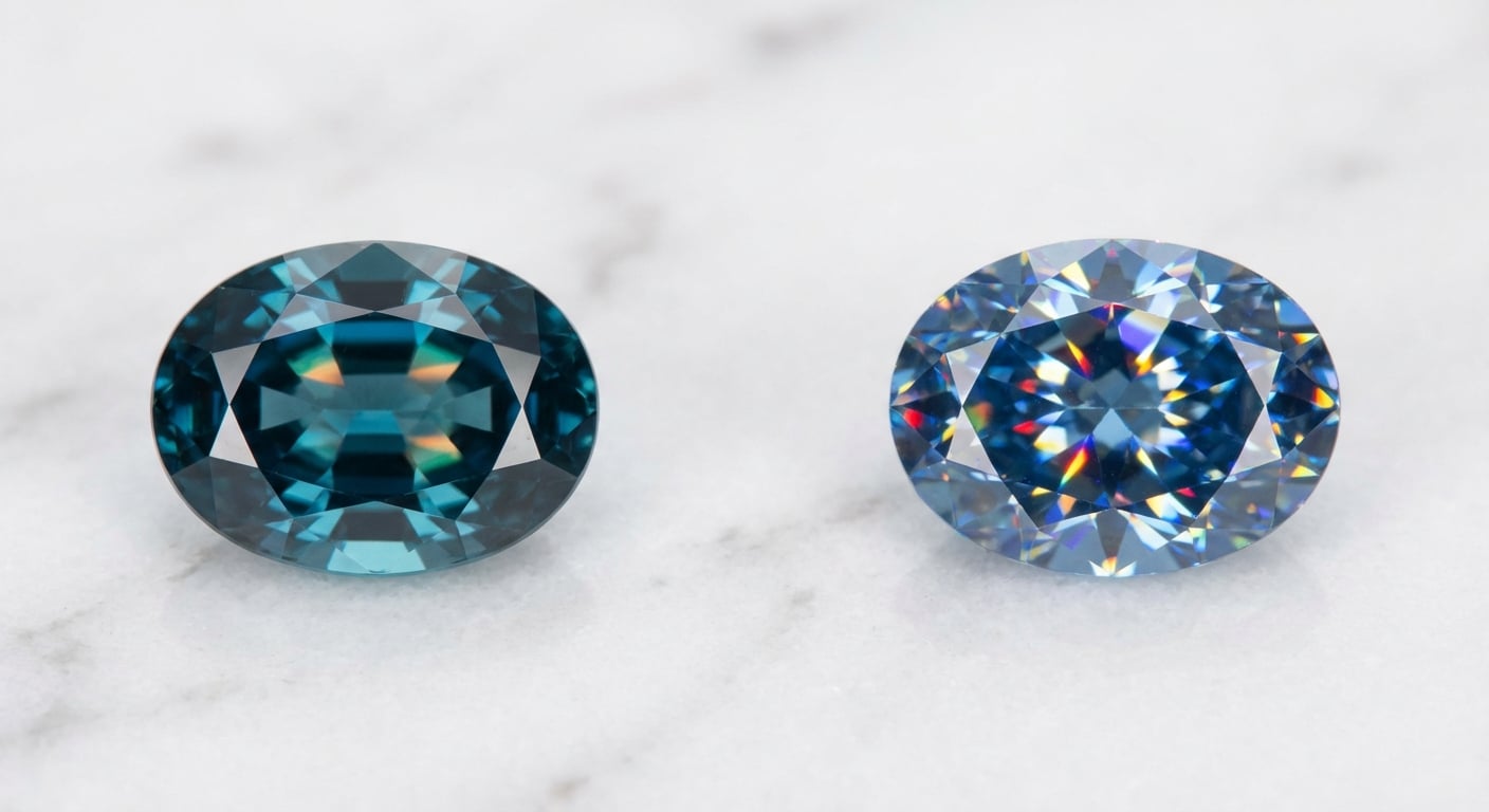 A gemologist's comparison of a natural zircon gemstone next to a synthetic cubic zirconia, highlighting the critical differences in brilliance and fire.