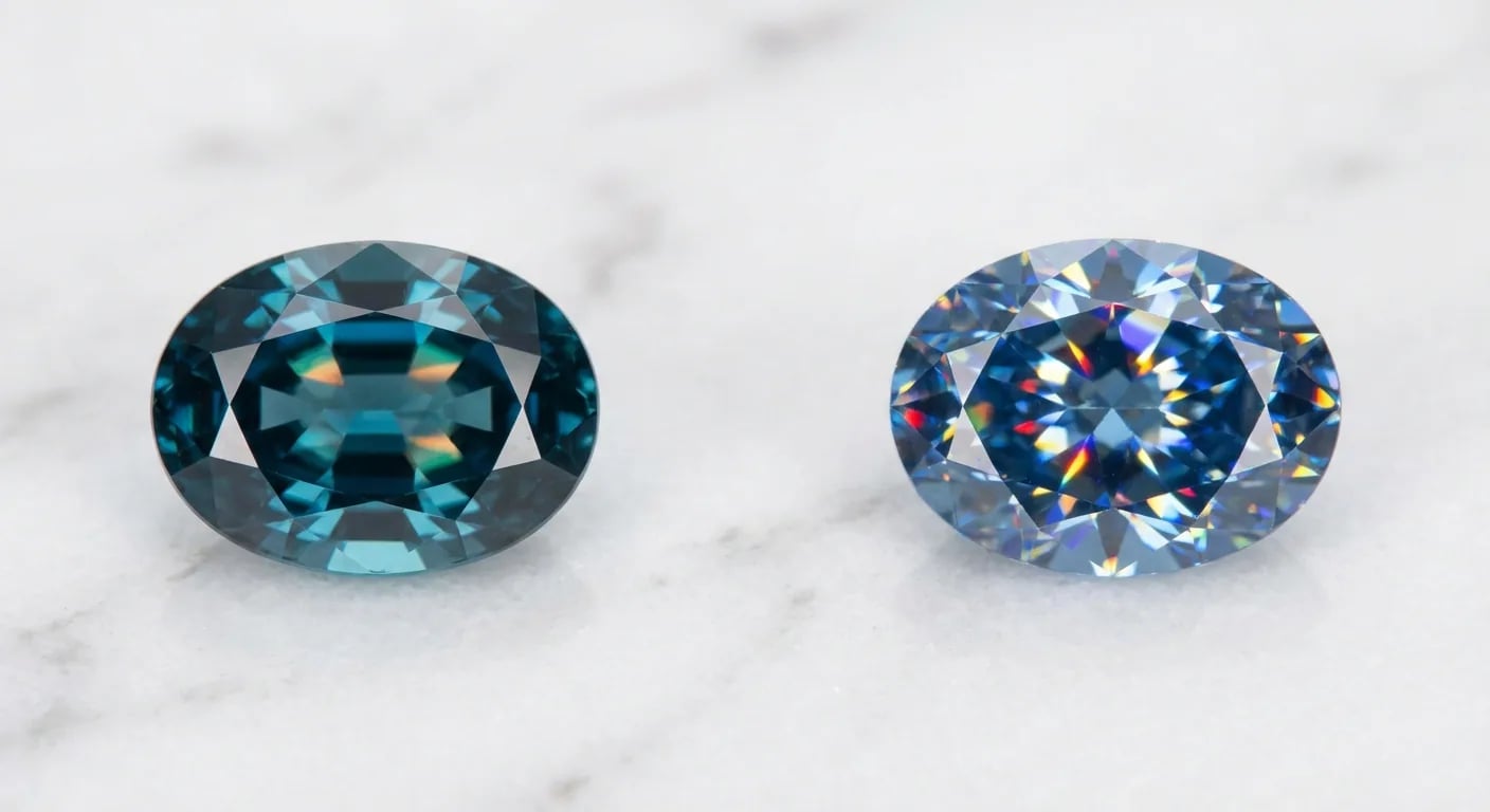 Comparaison par un gemmologue d'une gemme de zircon naturel à côté d'une zircone cubique synthétique, mettant en évidence les différences critiques de brillance et de feu.
