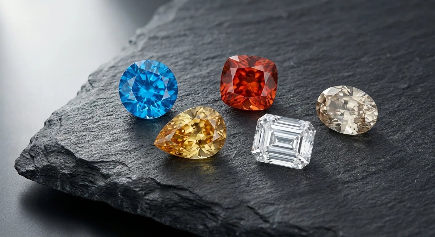 Collection de zircons naturels de haute qualité en différentes couleurs incluant bleu, rouge et blanc, illustrant l'importance de la couleur dans le guide d'achat du zircon.