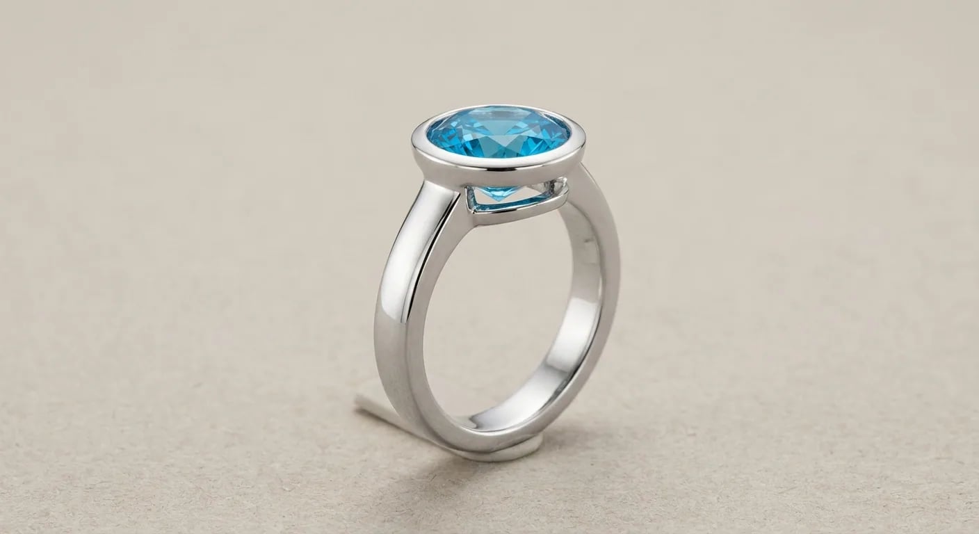 Gros plan d'une bague en zircon bleu dans un sertissage clos protecteur, démontrant les meilleurs sertissages de bijoux pour la durabilité et la brillance du zircon.