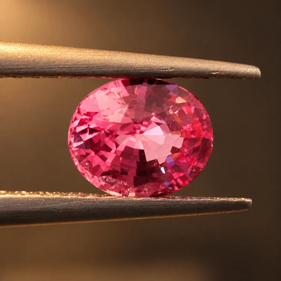 The same pink sapphire held in tweezers under a warm bulb, in a dim room