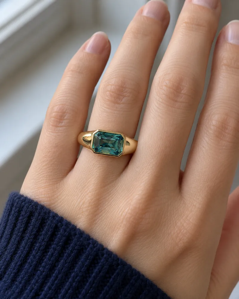 Illustration d’une bague large en or en serti clos avec un saphir bleu-vert posé en travers du doigt, portée sur une main contre une manche en maille.