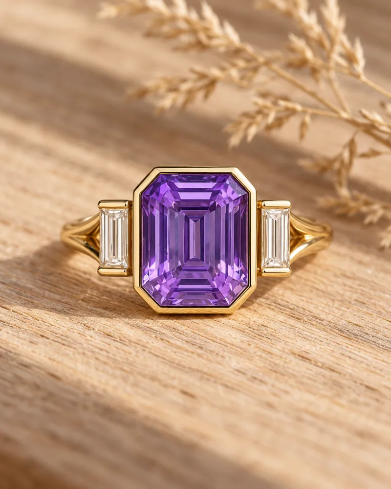 Illustration d’une bague en or en serti clos avec un saphir violet taille émeraude entre deux baguettes, posée sur du chêne clair.