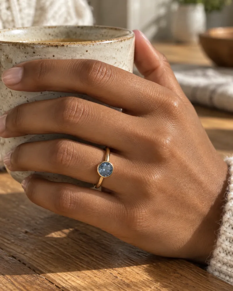 Illustration d’une bague en or en serti clos avec un spinelle bleu rond, portée sur une main qui tient une tasse en céramique.