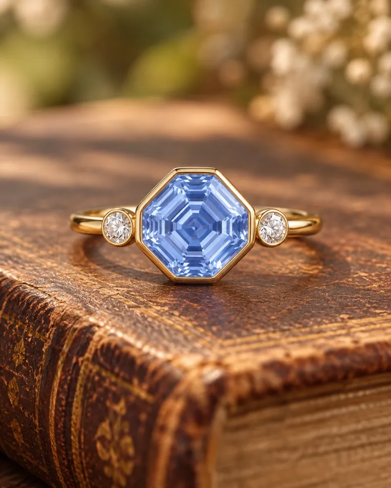 Illustration d’une bague vintage en or en serti clos avec un saphir bleu clair octogonal entre deux petites pierres en serti clos, posée sur un vieux livre relié de cuir.