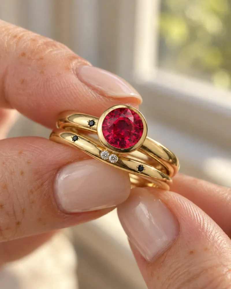 Illustration d’une bague en or en serti clos avec un rubis rond, empilée avec des anneaux fins en or semés de minuscules pierres blanches et noires, tenue entre deux doigts.