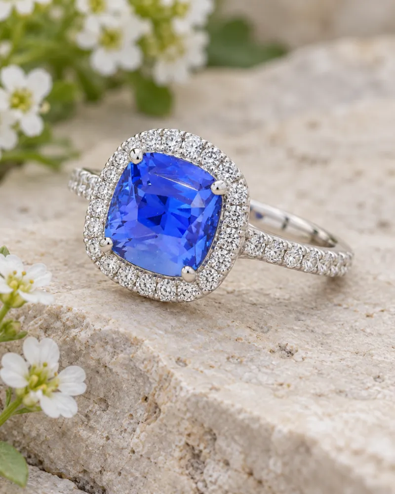 Illustration of a blue sapphire engagement ring, Cushion style, resting on a natural surface.