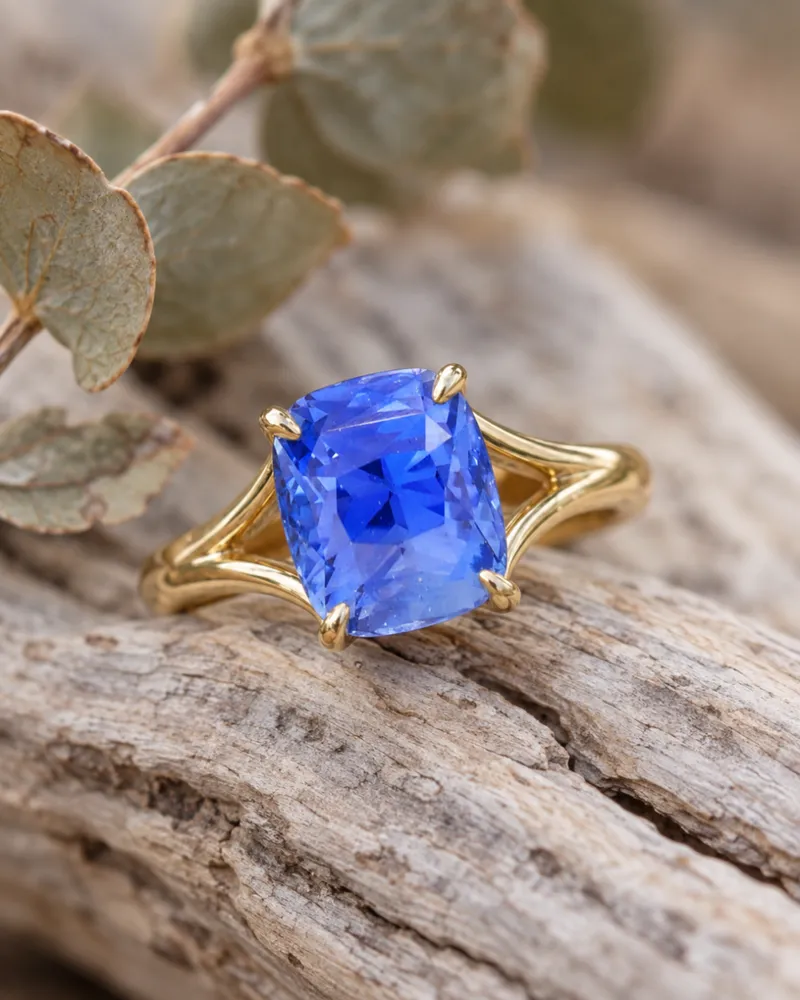Illustration of a blue sapphire engagement ring, Elongated cushion style, resting on a natural surface.